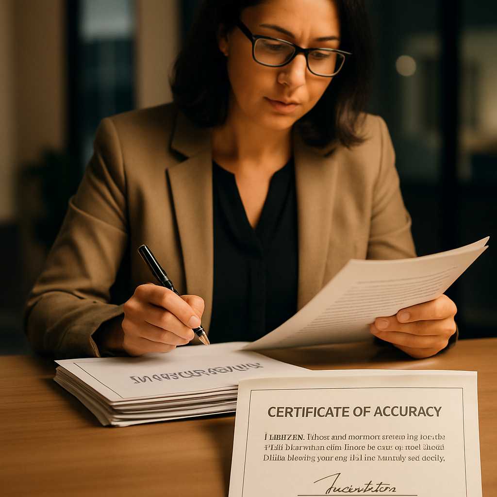 A professional editorial photograph of a certified translator reviewing a stack of immigration docum
