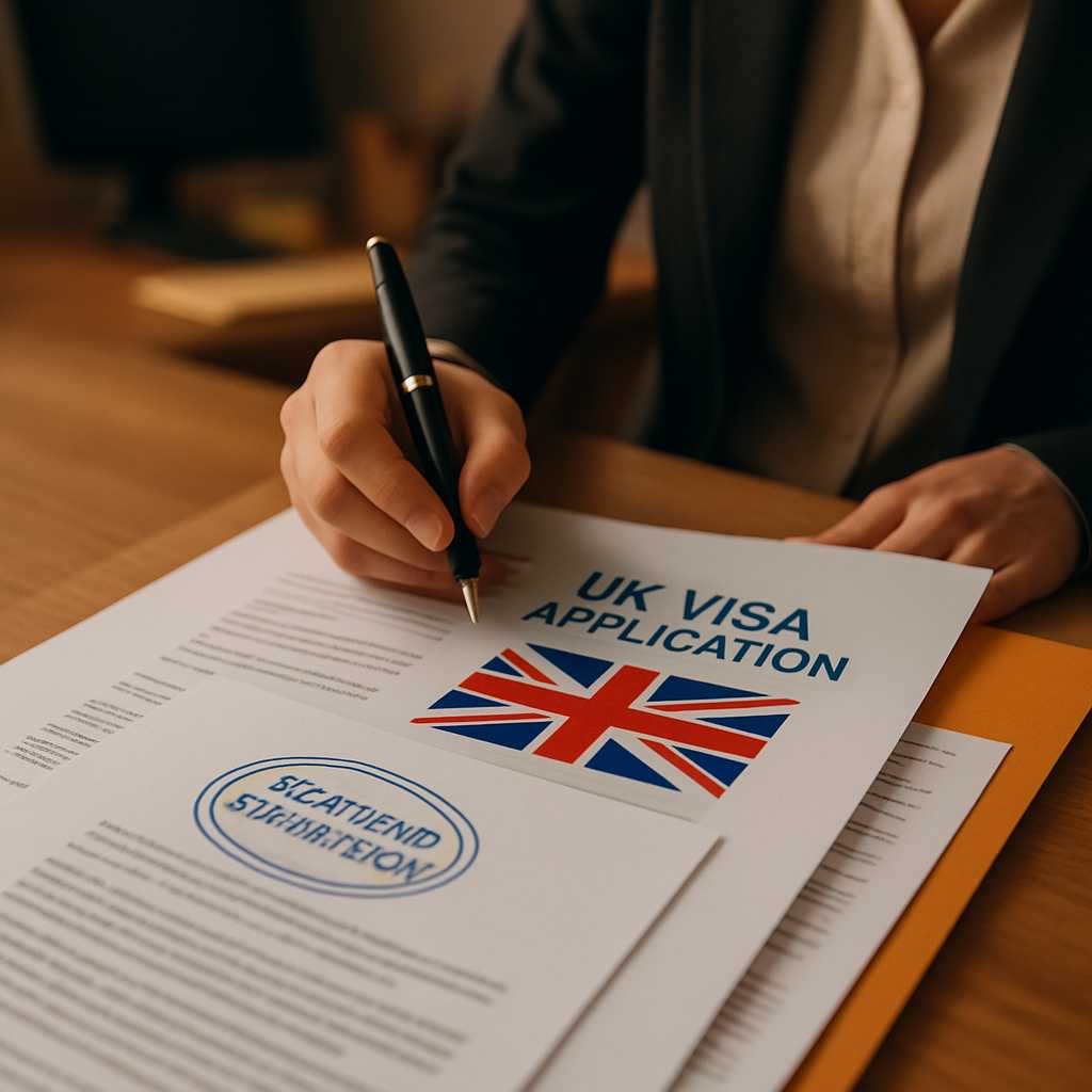 A professional image depicting a translator working on a UK visa application, with documents spread