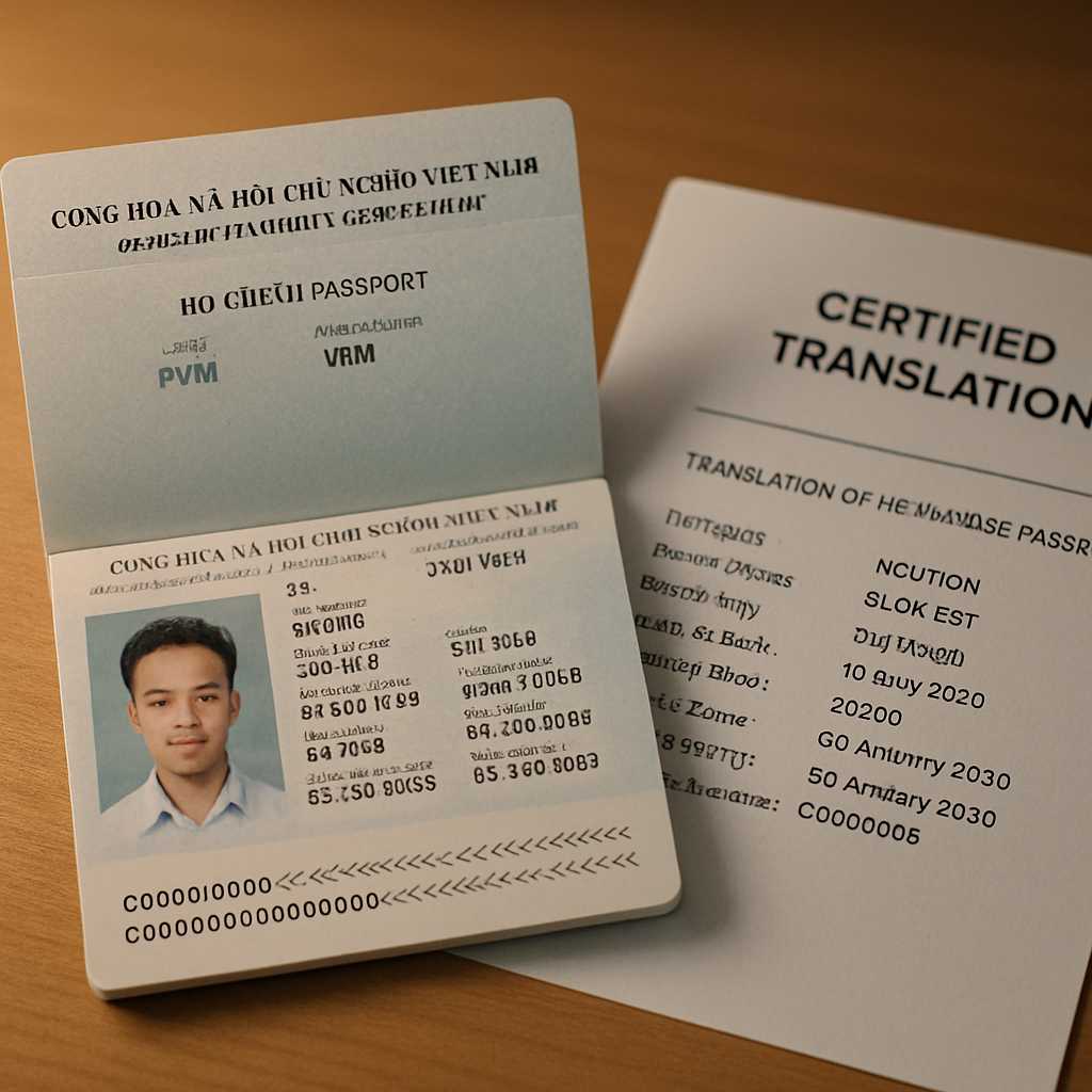 A close up shot of a Vietnamese passport alongside a certified translation document, with a warm, pr