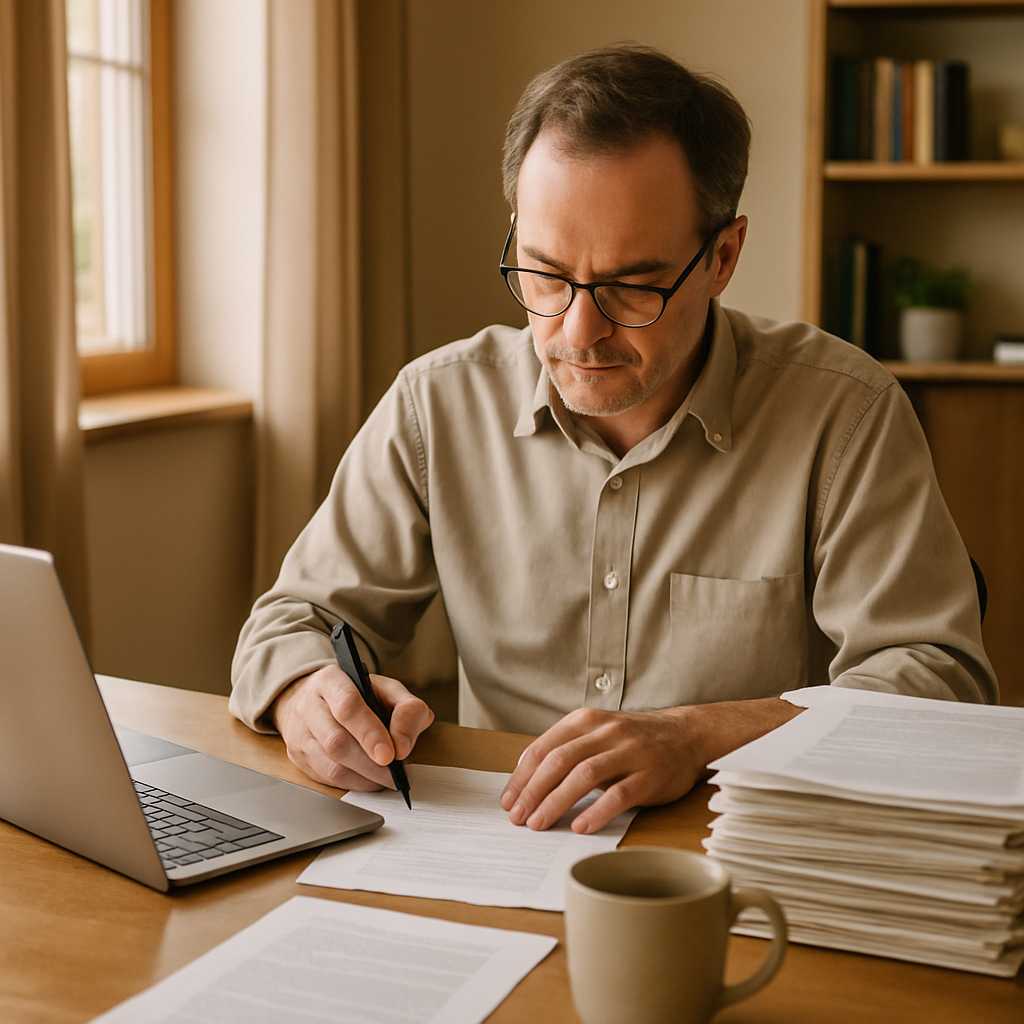 A professional home office setting featuring a translator at work, surrounded by documents and a lap