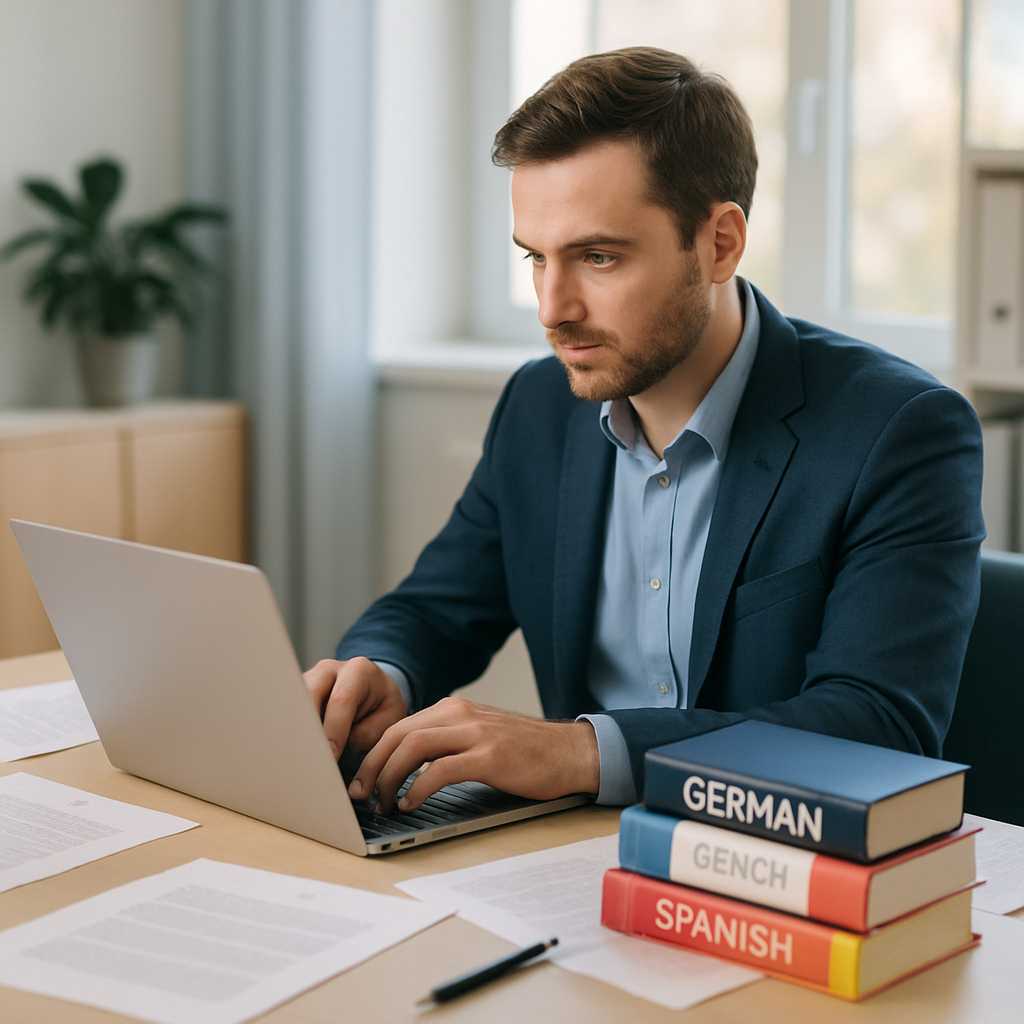 A professional office setting with a translator working on a laptop, surrounded by various documents