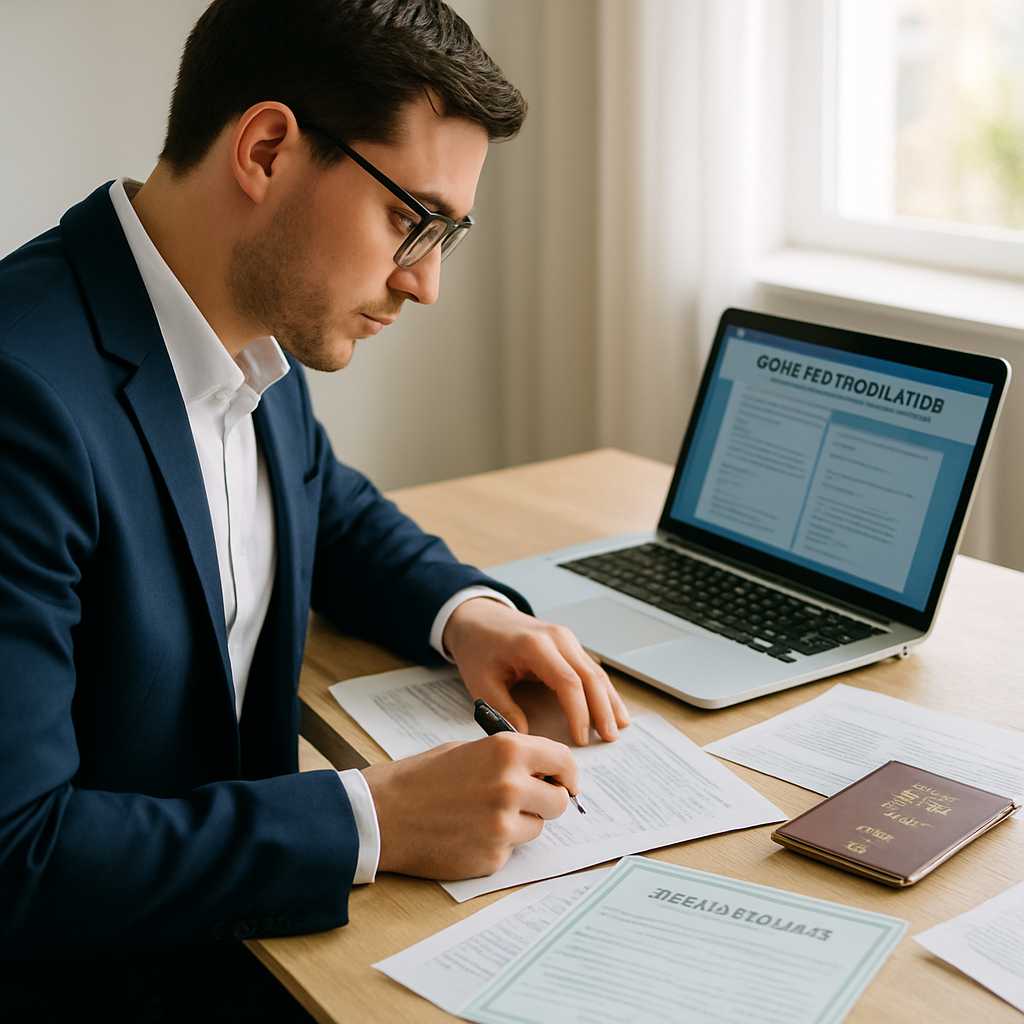 A professional image depicting a certified translator working at a desk, surrounded by various docum