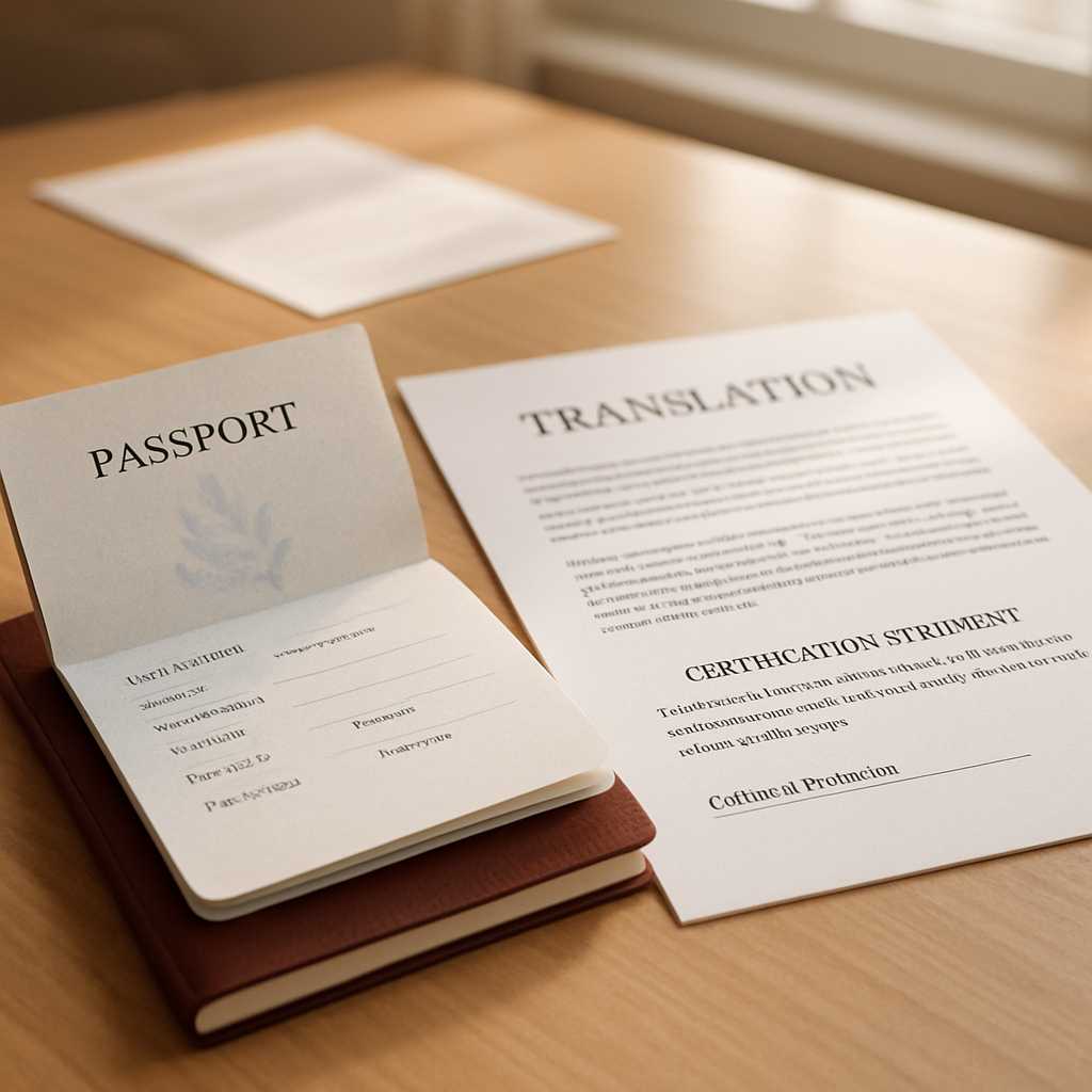 A close up, photorealistic image of a certified translator's desk, featuring a passport, a translati