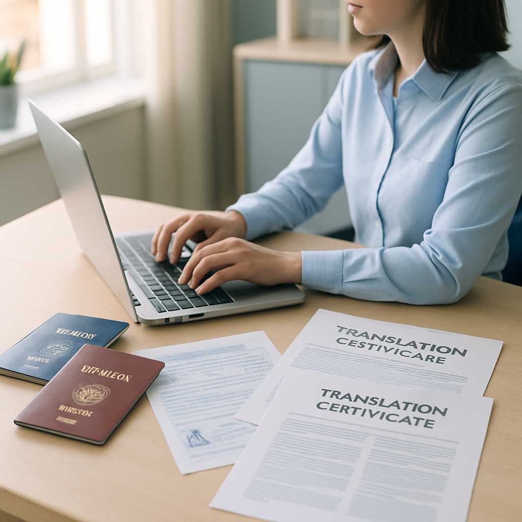 A professional office setting with a translator working on a laptop, surrounded by various passport