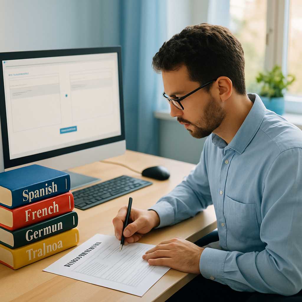 A professional office setting with a translator working on immigration documents, surrounded by vari