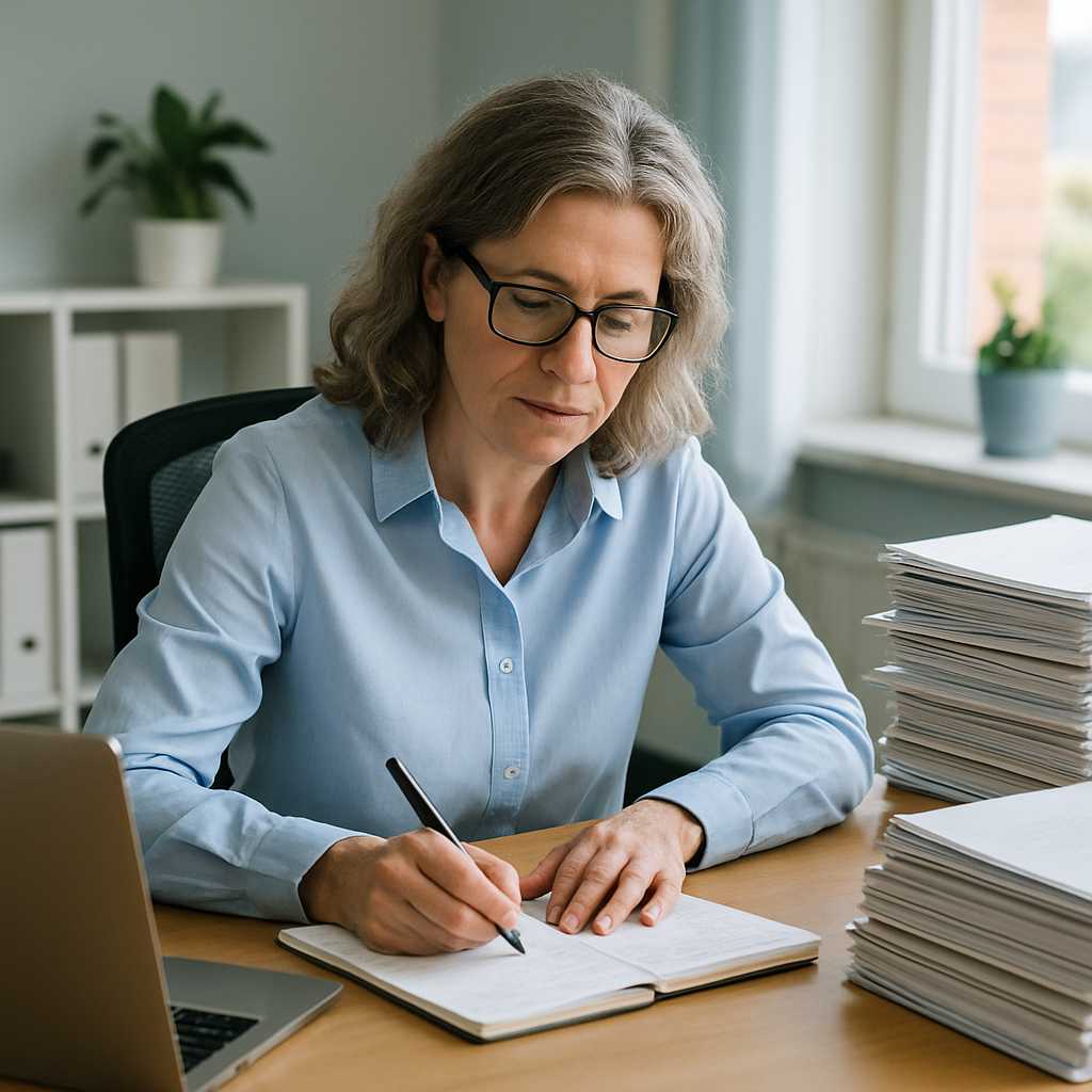 A professional office setting with a home office approved translator working diligently at a desk, s