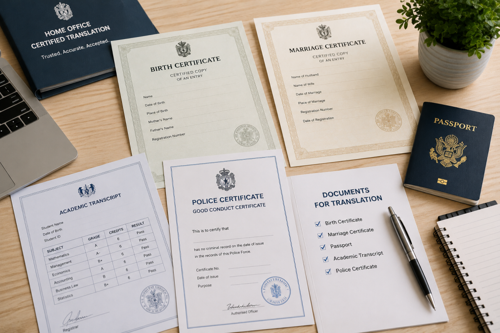 Birth certificate, marriage certificate, passport, academic transcript and police certificate arranged on a desk