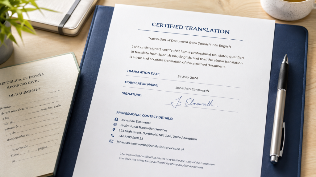 Certified translation displaying an accuracy statement, translation date, signature and contact details