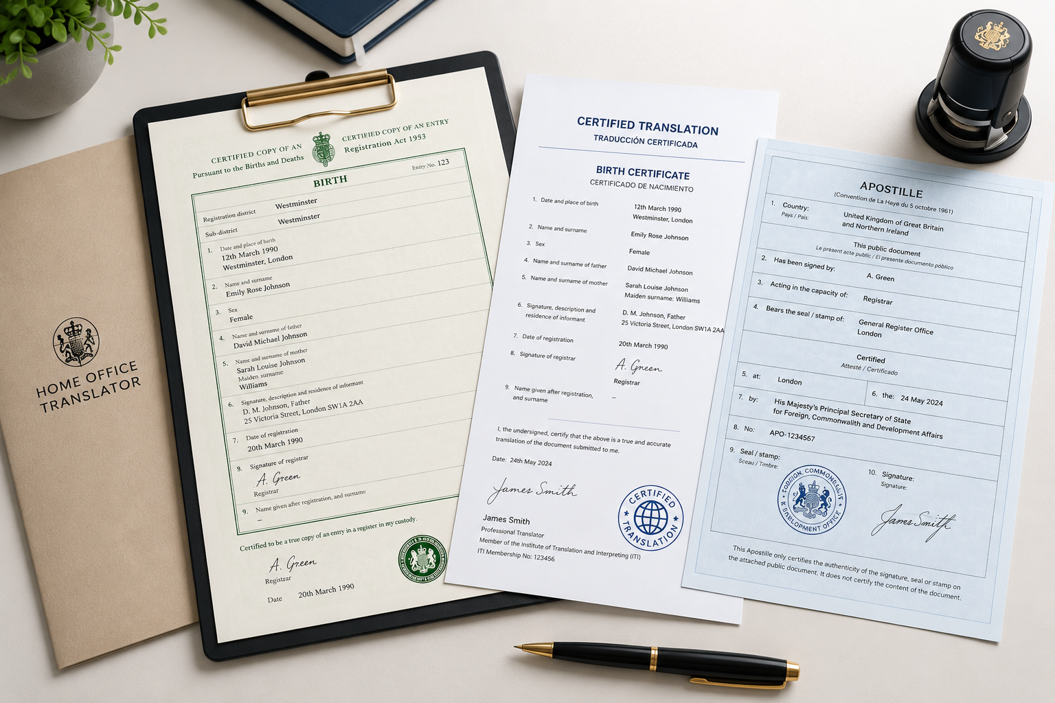 Original UK document, certified translation and apostille certificate showing different legalisation routes
