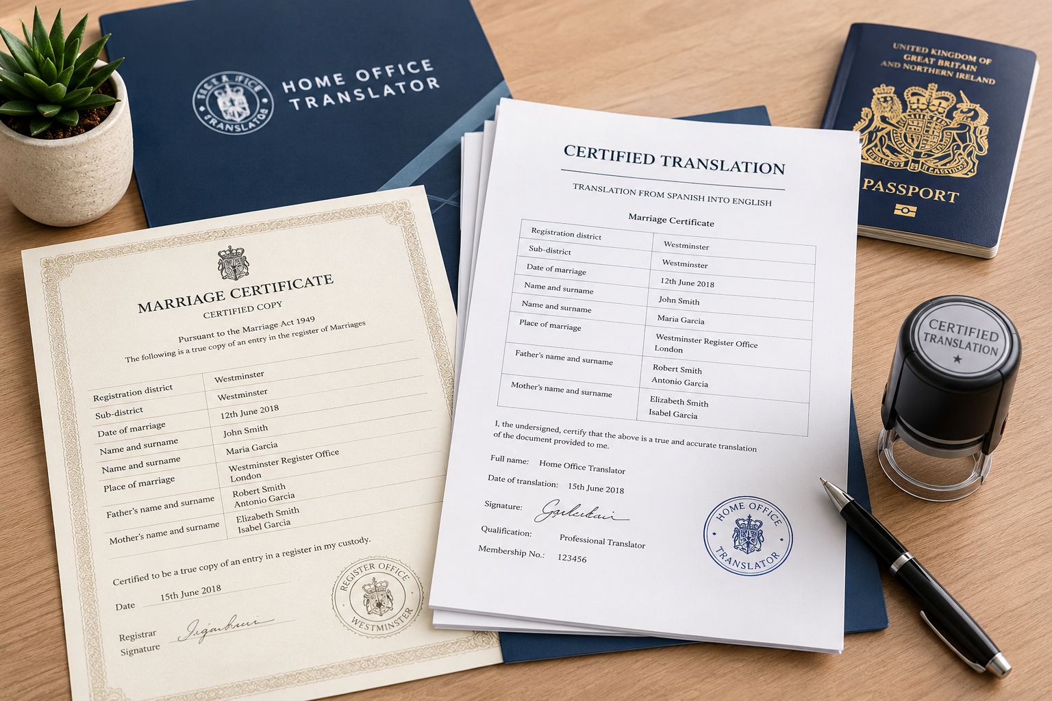 Official documents and certified translation pages arranged on a professional desk