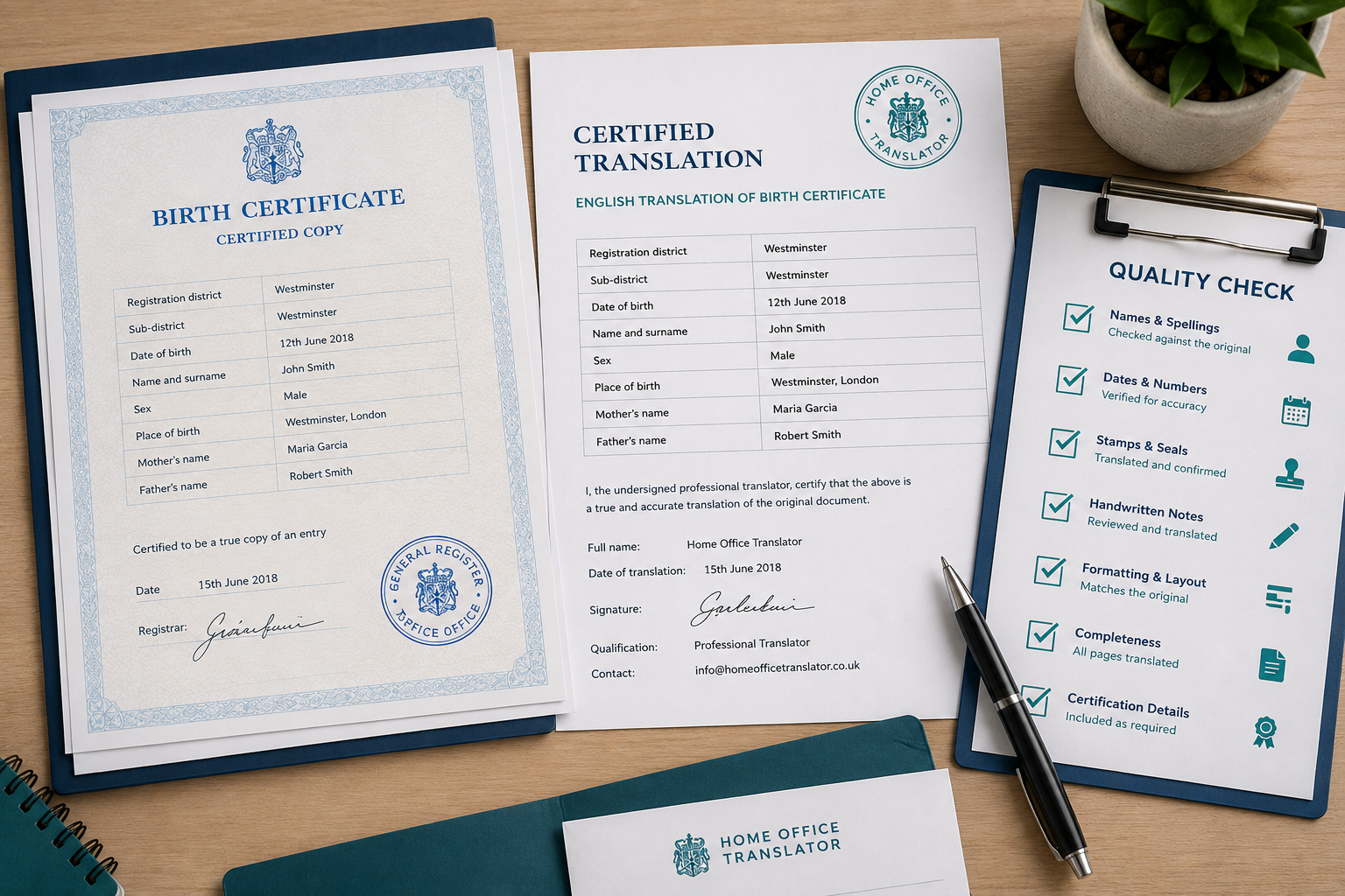 Original and translated documents being compared with a quality-control checklist