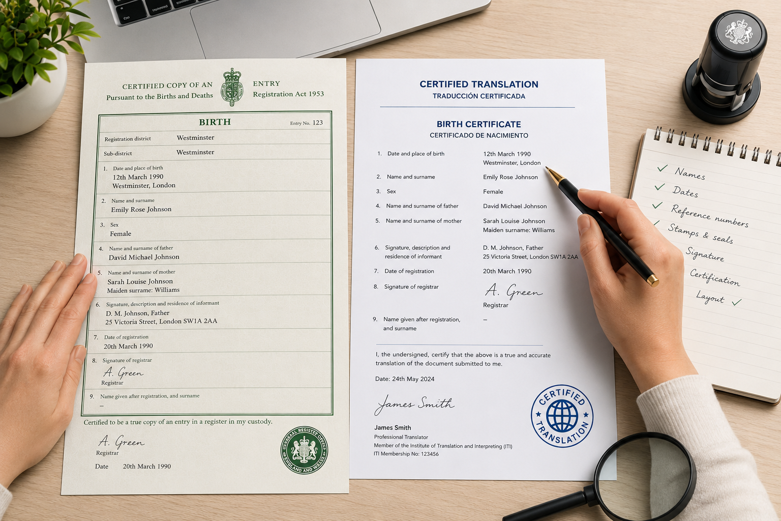 Original and translated documents being checked for names, dates, stamps and certification details