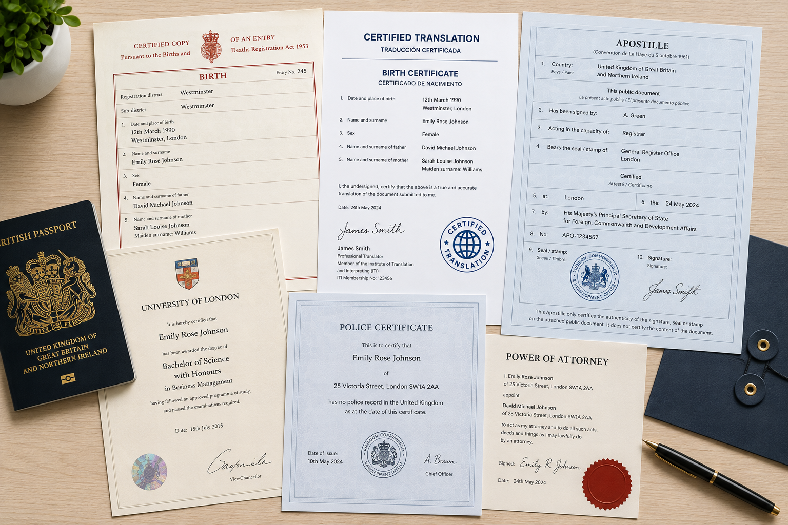 Personal, academic, legal and company documents prepared for translation and apostille