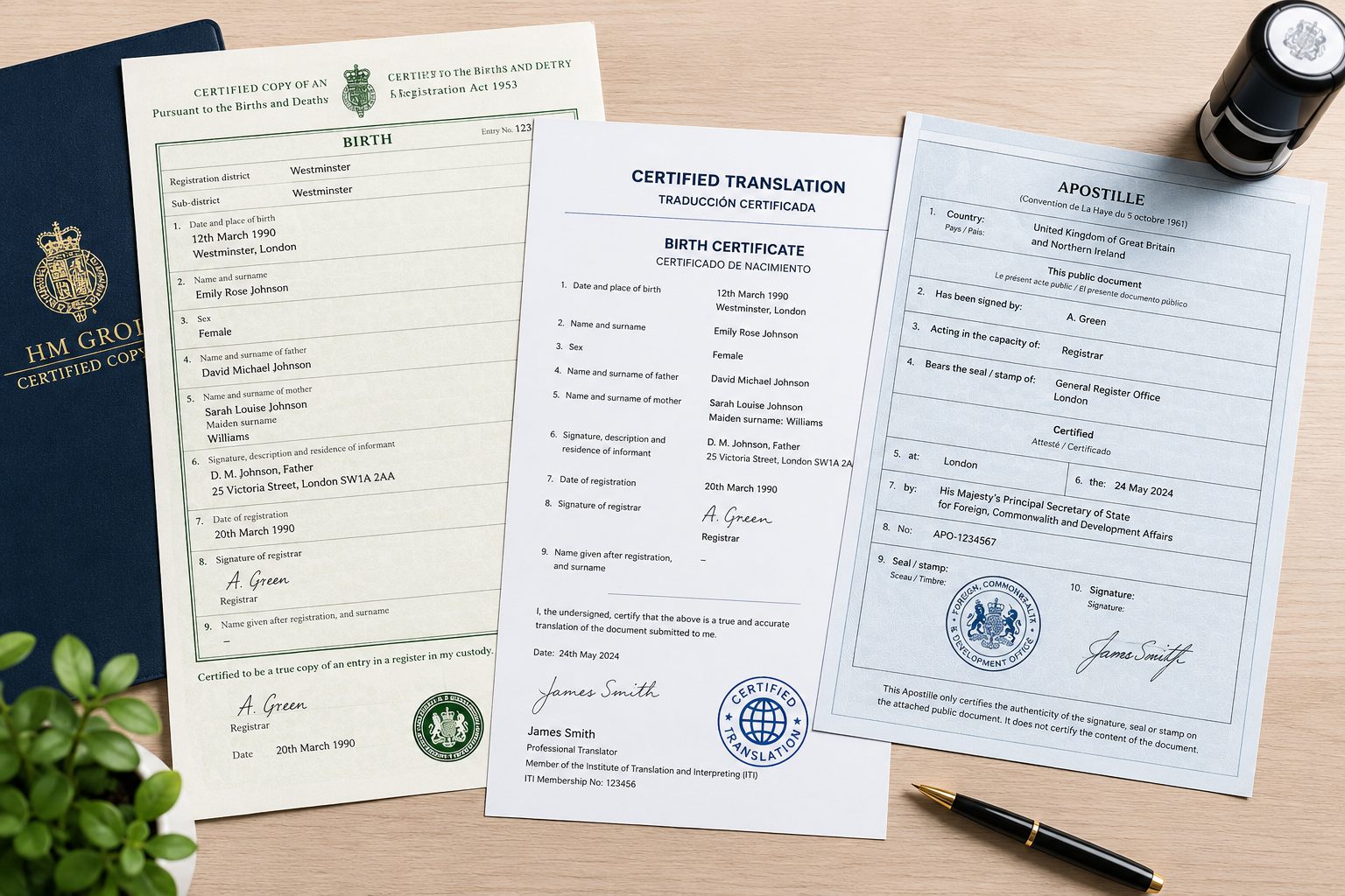 UK document, certified translation and apostille certificate prepared for overseas use